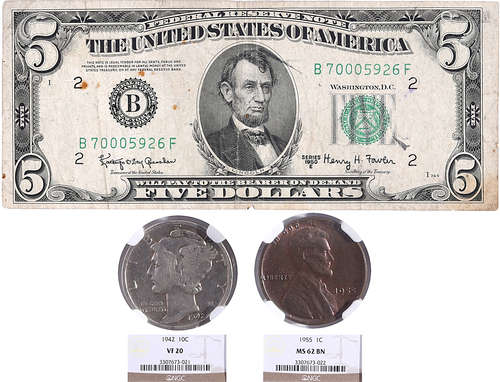 美國1942年 10￠銀幣(90%)#3307673-021(NGC VF20), 1955年 1￠銅幣...