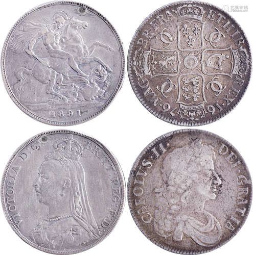 英國1676年 CarolvsⅡ 及 1891年 QV  1克朗 銀幣 共2個