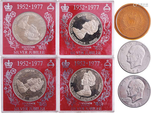 英國1977年 QEⅡ登基銀禧 紀念章x5(39mm) 及 美國1972年 艾森豪 $...