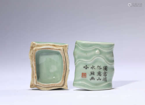 A Celadon-Green Glaze Bamboo Inscribed Seal Box
