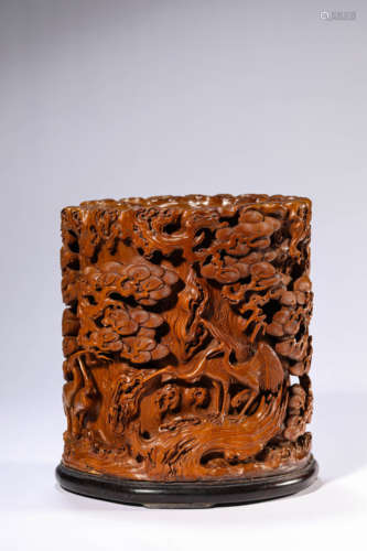A Box Wood Carved Crane And Pine Brush Pot