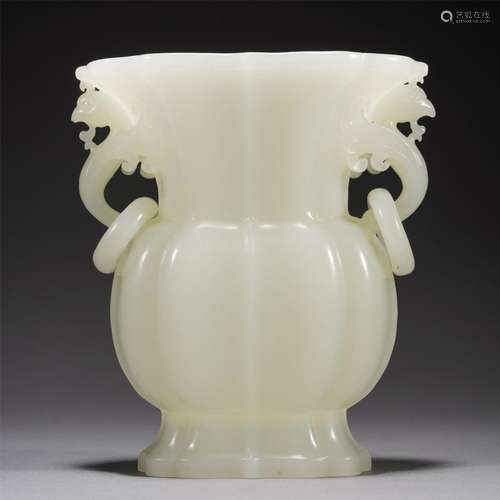 A WHITE JADE PHOENIX HANDLES GU VASE,QING