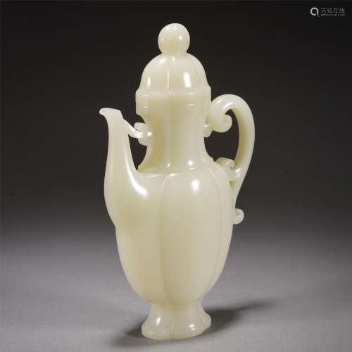 A CARVED JADE EWER WITH COVER