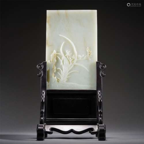 A CARVED JADE ORICHID TABLE SCREEN