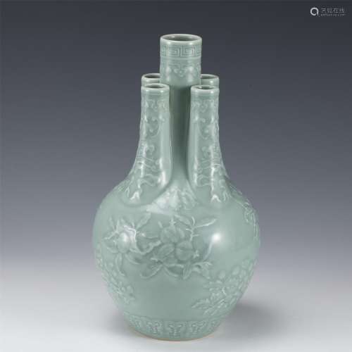 A CHINESE CELADON GLAZE FIVE SPROUTS VASE