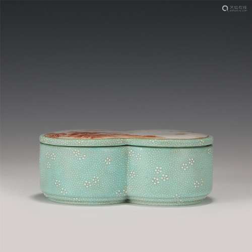 A CHINESE GREEN GLAZE PAINTING LANDSCAPE PORCELAIN BOX