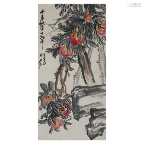 A CHINESE PAINTING OF PEACHES,SIGNED WU CHANGSHUO