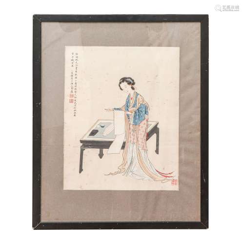 A FRAMED CHINESE PAINTING OF BEAUTIFUL LADY,SIGNED LU XIAOMA...