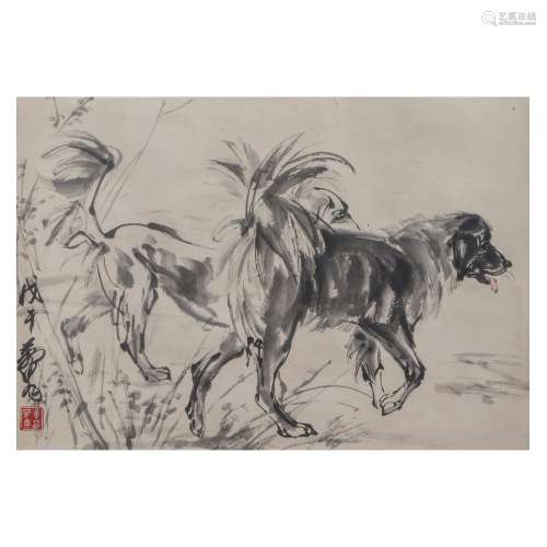 A CHINESE PAINTING OF DOGS ,SIGNED HUANG ZHOU