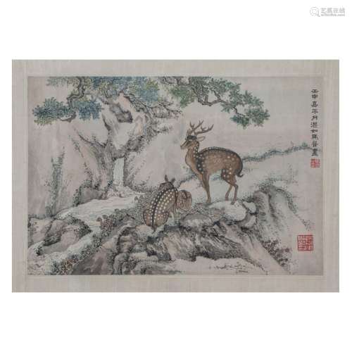 A CHINESE PAINTING OF DEERS SIGNED MA JIN