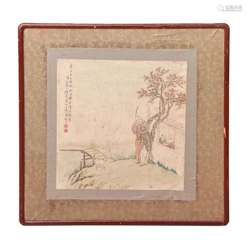 A FRAMED CHINESE PAINTING OF FIGURE STORY,SIGNED QIAN HUIAN