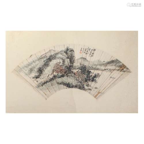 A FAN SHAPED CHINESE PAINTING OF LANDSCAPE,SIGNED HUANG BINH...