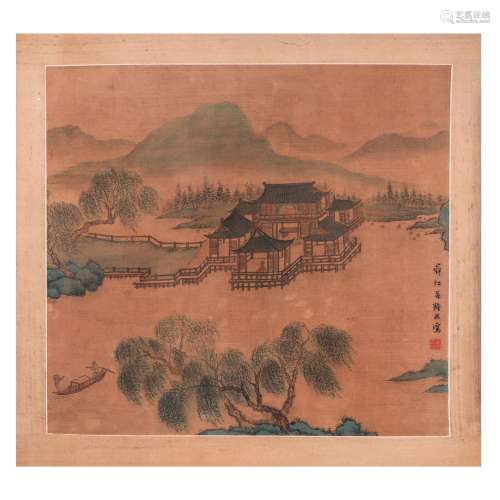 A CHINESE PAINTING OF PAVILIONS ,SIGNED LV HUANCHENG