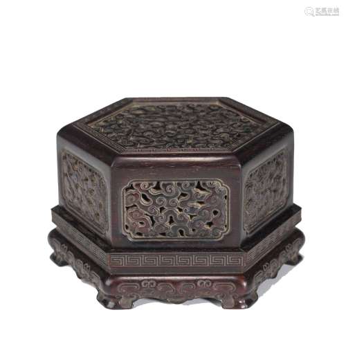 A WOODEN CARVED HEXAGONAL INCENSE CAGE,QING