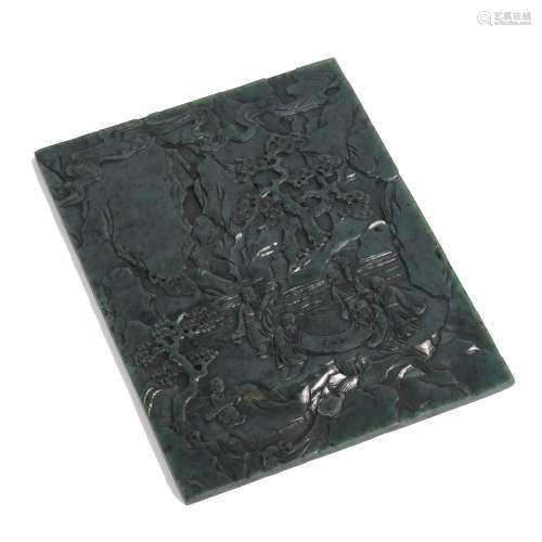 A CARVED SPINACH GREEN JADE PANEL