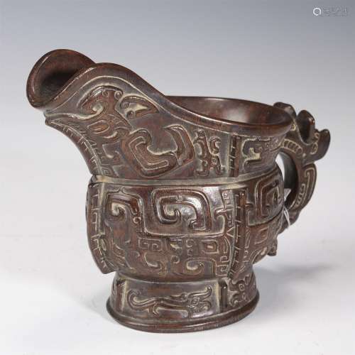 A CHENXIANG WOOD CARVED JUE CUP,QING