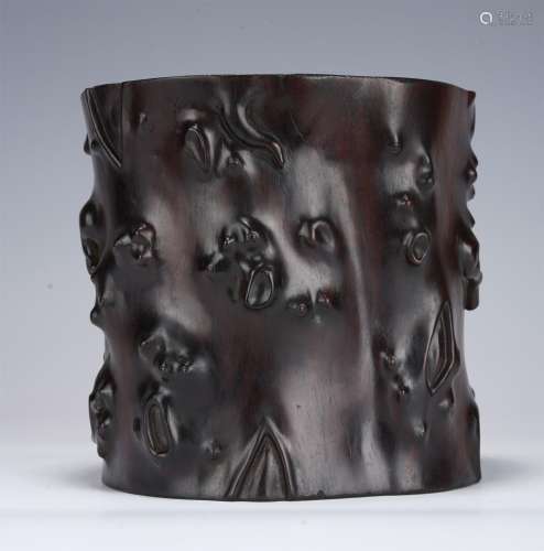 A CARVED ROSEWOOD BRUSH POT