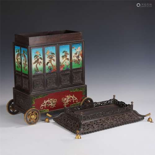 A HARDSTONES INLAID CARVED ROSEWOOD CARGO SHAPE CONTAINER