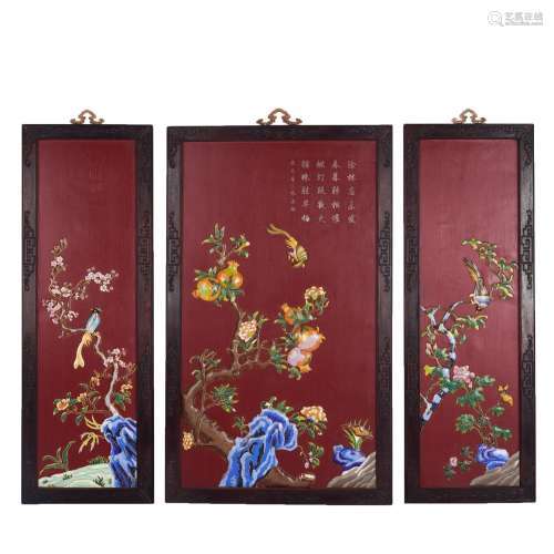 A GROUP OF THREE CLOISONNE ENAMEL HANGING PANELS