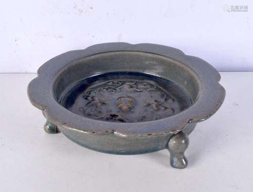 A Sung style pottery lobed censer decorated in relief with m...