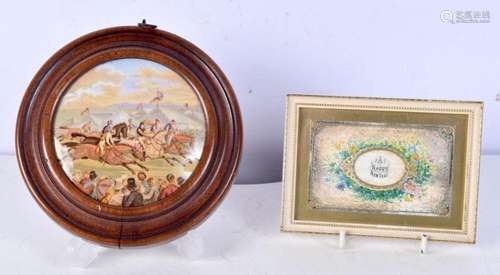 A 19th Century framed ceramic pot lid together with a framed...