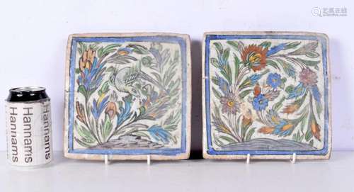 A pair of Middle Eastern glazed porcelain tiles 19.5 x 19.5 ...