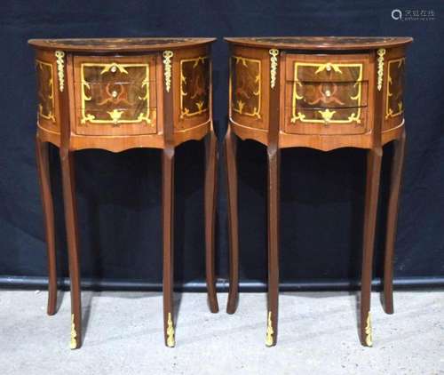 A pair of Baroque style inlaid 3 drawer half moon night stan...