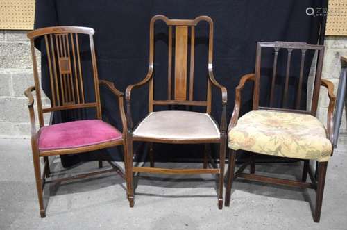 A collection of 3 antique wooden upholstered dining chairs (...