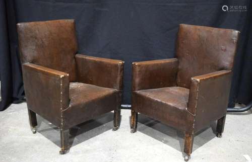 A pair of antique small leather Childs armchairs 63 x 40 x 4...