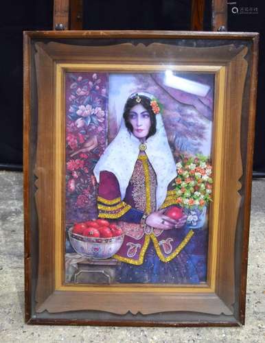 A mixed media framed picture of a Qajar Woman by Shakiba fra...