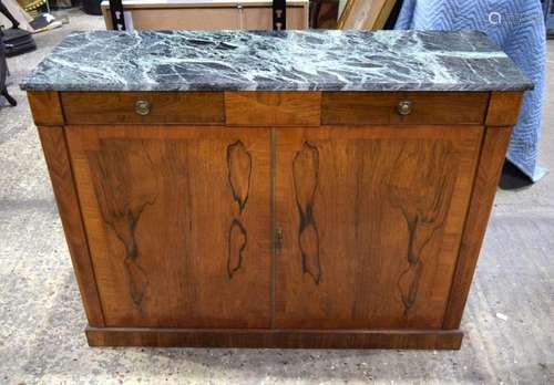 A large marble top teak two drawer Cabinet 93 x 122 cm