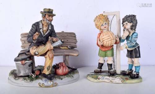 A Capo Di Monte Tramp figure together with a figure of two c...