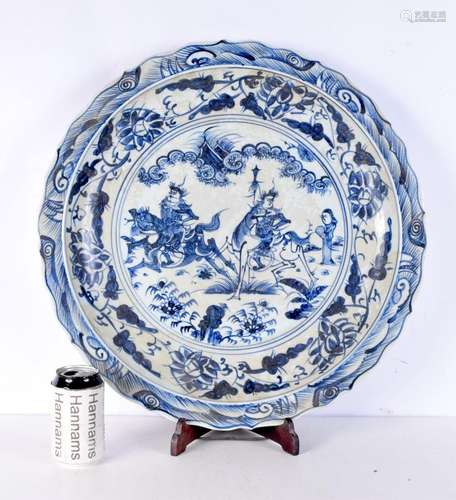 A Large Chinese blue and white porcelain lobed charger, pain...