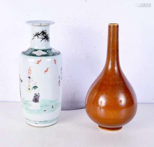 A Chinese brown glazed bottle neck porcelain vase, together ...