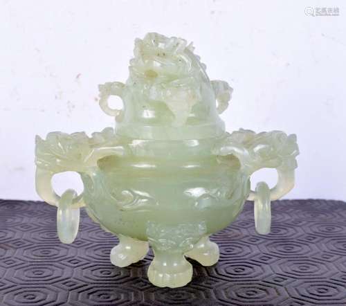 An early 20th century Chinese green jade censer, formed with...