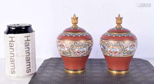 A pair of mid 20th century Chinese cloisonné enamel vase and...