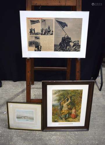 A collection of framed prints one relating to WW II battle a...