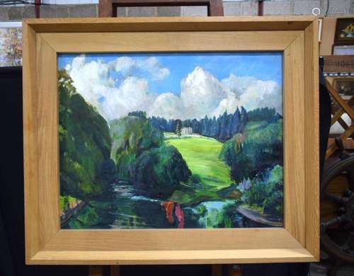 A large framed unsigned oil on canvas of a rural scene