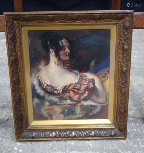 A framed 19th Century oil on board of a female 29 x 24 cm.