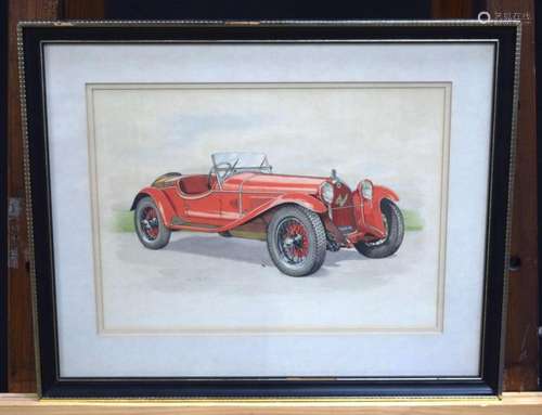 A framed Lithograph of a Alpha Romeo car 23 x 31 cm.