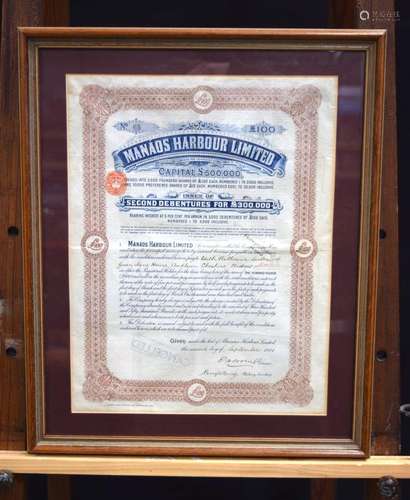 A framed Manos Harbour Limited Share certificate dated 1911 ...