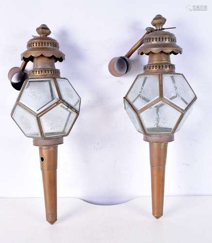 A pair of vintage glass and brass wall lanterns 52 x 19 cm (...