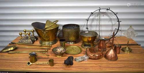 A large collection of brass and copper items including fire ...