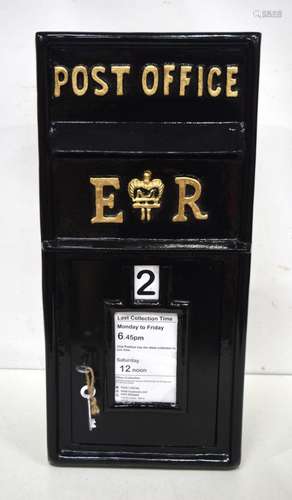 A contemporary black metal post box. 65 x 30 x 37cm.