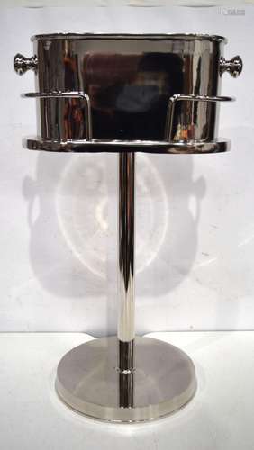 A chrome wine cooler on a stand. 73 x 40 x 23cm.