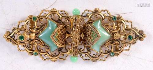 An Antique Gold Buckle set with Jade and Emeralds. 6.5cm x 2...