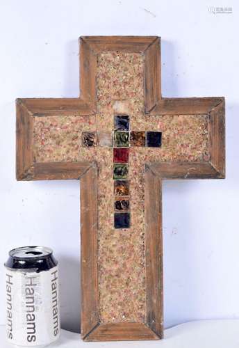 An unusual wooden framed stone and mosaic cross 38 x