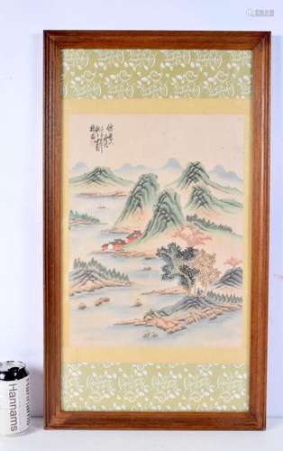 A Chinese framed watercolour depicting a mountainous landsca...