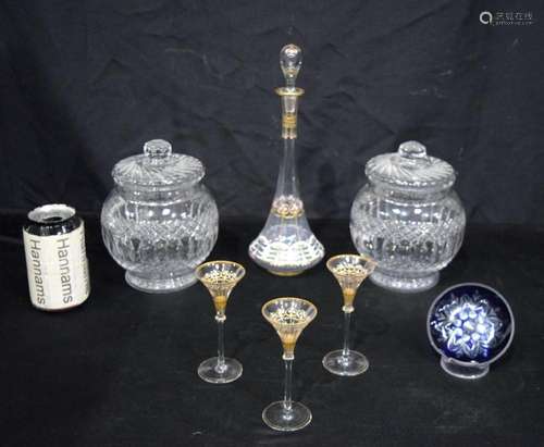 A enamelled and wire decorated glass decanter and glasses to...