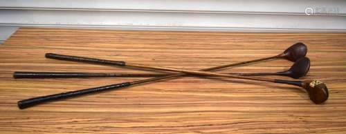 Three vintage golf woods one Hickory shafted 113 cm (3).